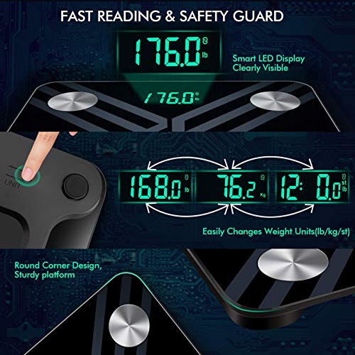 Body Fat Scale, Accurate Weight Scale with BMI Body Fat, Digital Bathroom Scales for Body Weight Sync with Smartphone App, Precision Sensors, Target Set, Multi-User, and Smart LED Display - Black