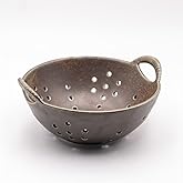 Amitofo 8" Ceramic Berry Colander with Handles, Reactive Glaze Fruit Washing Bowl, Rustic Stoneware Pasta Strainer for Kitchen (Charcoal Grey)