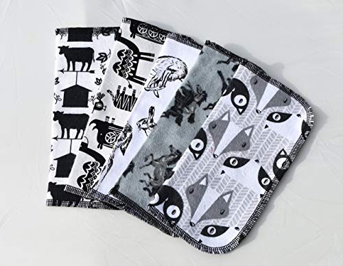 1 Ply Printed Flannel Washable Black and White Animal Set Napkins 8x8 inches 5 Pack - Little Wipes (R) Flannel