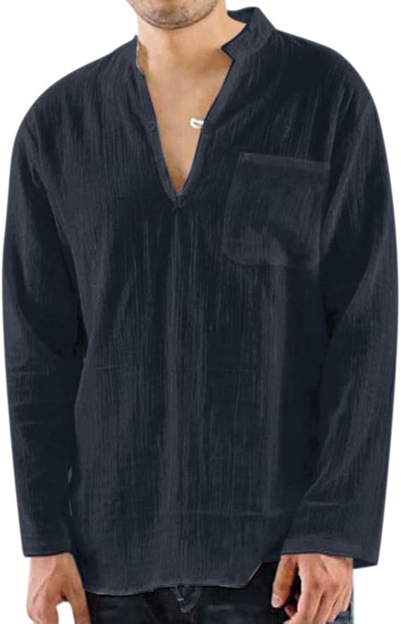 Mens Long Sleeve Henley Shirt Cotton Linen Beach Yoga Loose Fit Henleys