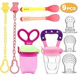 UniBetter Baby Food Feeder Pacifier 2 PCs Pacifier Clips 2 PCs Baby Feeding Spoons 3 PCs Replacement Silicone Pouches Baby Fruit Teething Toys for Toddlers Infant (Pink Set)