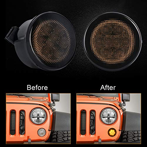 LED Turn Signal Lights for Jeep, AAIWA Amber Smoke Lens Front Turn Signal Assembly, Fender Flares Indicator Side Maker Parking Lights for 2007-2017 Jeep Wrangler JK & Wrangler Unlimited - Thumbnail 3