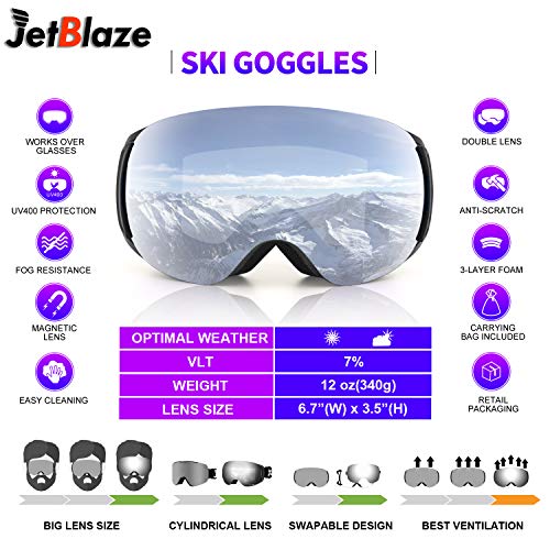 JetBlaze Ski Goggles, Magnet Snowboard Goggles (Silver)