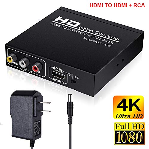 HDMI to RCA and HDMI Adapter Converter,HDMI to HDMI+3RCA CVBS AV Composite Video Audio Adapter/Splitter with Power Adapter Support 4K,1080P, PAL, NTSC for HD TV and Older TV