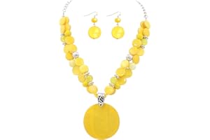Xalroco Layered Beads Statement Fashion Necklace Chunky Jewelry Set Big Colorful Glass Stone Circle Shell Pendant Choker Necklace and Earring Set for Women