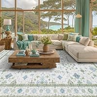 Oriental 10x14 Rug Living Room - Washable Oushak Boho Extra Large for Bedroom Non Slip Soft Faux Wool Carpet for Dining Room Playroom - Cream Blue and Green Floral Rug