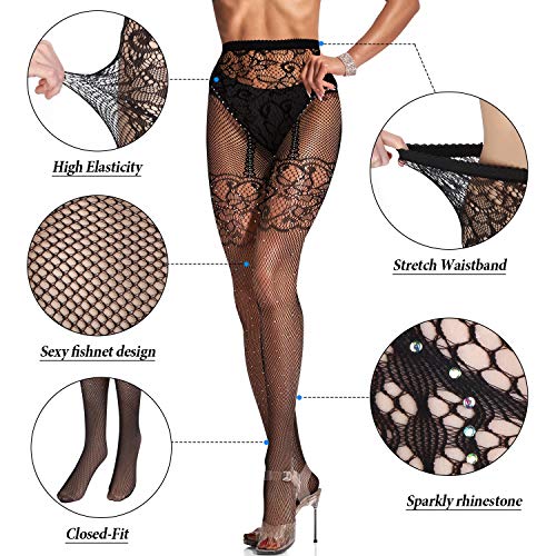 SATINIOR-4-Paia-Fishnet-con-Strass-Luccicanti-Calze-a-Rete-Nero-Alte-a-Vita-da-Donna-Collant-Nero-A-Rete-Motivo-Floreale