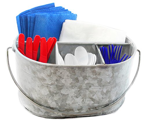 WellPackBox Large Galvanized Tub Caddy Tin Serveware Utensil Organizer Utensil Picnic Napkin Metal Farmhouse Rustic Holder