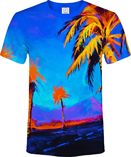 Hawai Palm Trees Paradise Blue Calm Orange Vacation Fluorescent Neon Blacklight Reactive T-Shirt, Size Large