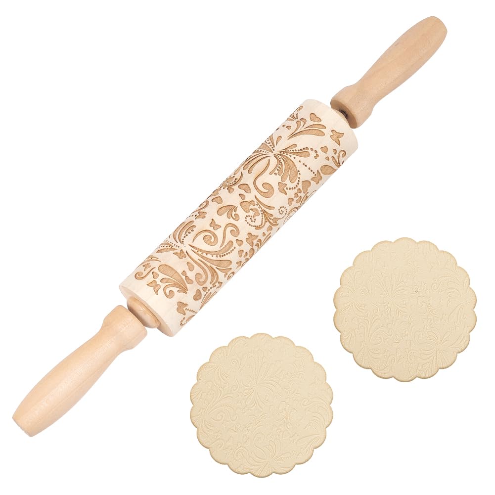 DELORIGIN Embossed Wooden Rolling Pin Flower Rattan 35cm Long Rolling Pin for Baking Biscuits 3D Pattern DIY Kitchen Tool Baking Accessories Homemade Bakery Pastry Cookie Fondant Dough Pizza
