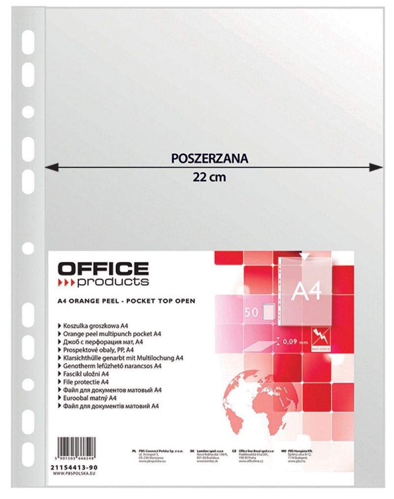 Punched Pockets Office Products PP A4 Orange Peel 90 Micron 50 Pcs/Document Archiving/Type-Orange Peel/Kind-Reinforced Edge/Material-PP/Colour-Transparent/Format-A4 / Thickness (mm)-90