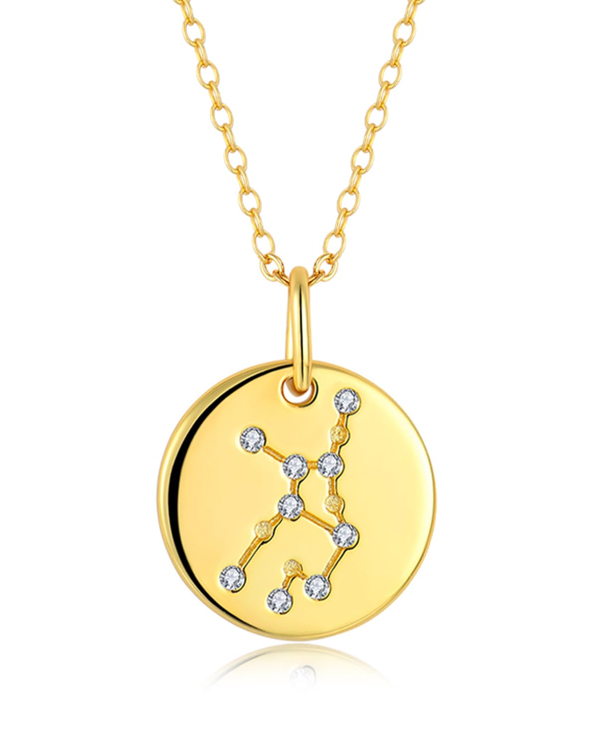 14K Gold Zodiac Necklace for Women, 925 Sterling Silver Constellation Star Coin Disc Connected Engraved Horoscope Sign Astrology Pendant, Celestial Jewelry Birthday Mother's Day Gifts for Her Mom Girlfrined