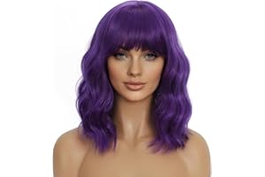 Mxayhnajxl Dark Purple Wigs with Bangs for Women 14 Inch Short Wavy Bob Wigs Synthetic Bob Wig Curly Wig Heat Resistant Colorful Wavy Wig Cosplay Wigs For Daily Party Halloween