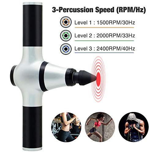 Muscle Massage Gun, Powerful Percussion Cordless Deep Tissue Massager Device with 5 Interchangeable Massage Heads and 3 Speed Settings for Muscle Recovery and Pain Relief