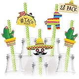 Joyousa Fiesta Party Supplies 28pc Straw Set - Mexican Theme, Cinco de Mayo Party Favors Decorations - Mini Sombrero, Cactus, Taco Cupcake Toppers Décor