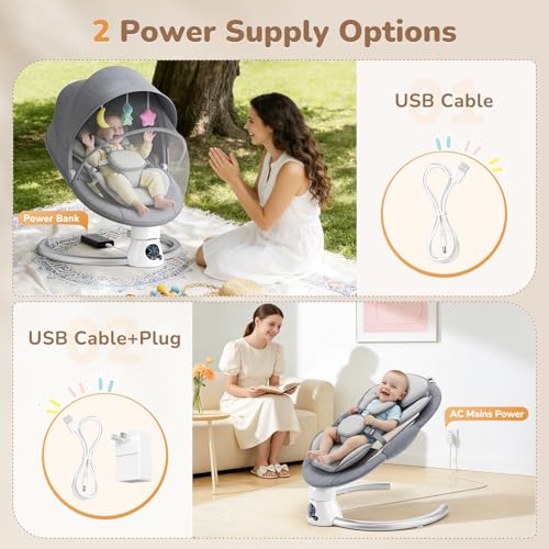 Hamaca Eléctrica para Bebé con Mando a Distancia y App,Mecedora con 5 Velocidades de Balanceo,3 Temporizadores,Arnés de 5 Puntos,2 Posiciones del Asiento,Silla Mecedora para 0-9 kg de Bebé-Gris