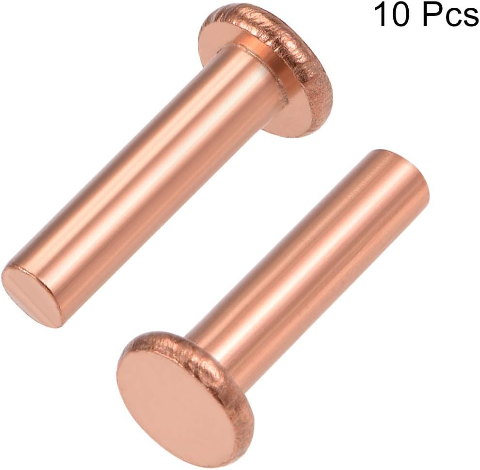 sourcing map 10Pcs 15/64" x 1" Flat Head Copper Solid Rivets Fasteners, 10 Pcs 15/64" x 1" - Image 4