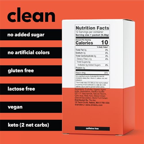 TRU GUT POWDER, PREBIOTICS AND PROBIOTICS FOR DIGESTIVE HEALTH, PEACH FLAVORED GUT HEALTH DRINK MIX WITH VITAMIN B3, SWEETENED WITH MONK FRUIT & STEVIA, CAFFEINE FREE, GLUTEN FREE, VEGAN, 12 PACKETS