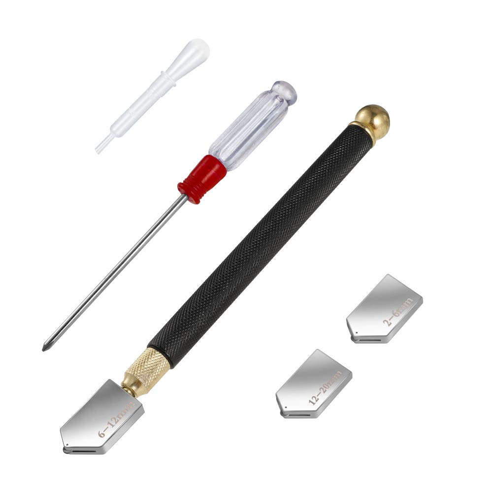 hugttt Glass Cutter Tool Set, Glass Cutting Pen, 2mm-20mm Pencil Style Oil Feed Carbide Tip with 2 Replacement Blades, Screwdriver and Oil Dropper for Mosaic/Tiles/Mirror/Stained Glass Cutting