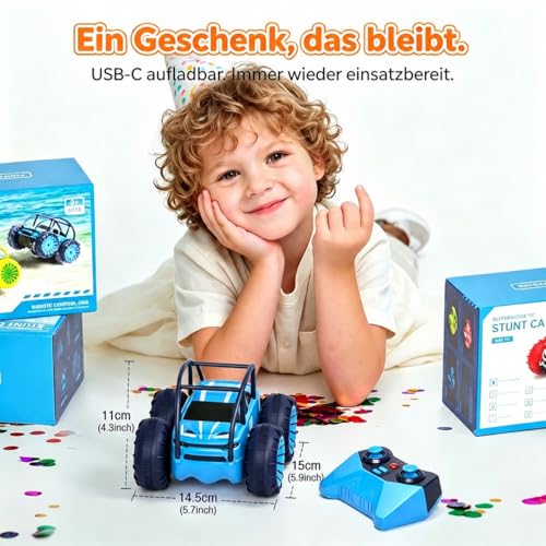 Remote Controlled Car, No Battery Change! USB-C Direct Charge, 4WD Amphibious Vehicle 15 km/h 2.4 GHz Waterproof, 360° Stunt, LED Light, Toy for Children 3-12 Years, Gift Boys Girls Outdoor