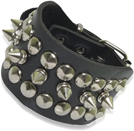 Men's Adjustable Alloy Metal Cone Stud Spikes Rivet Bangle Cuff Leather Black Strap Bracelet 7"-9" Fit Jewelry Snap Fastener #18