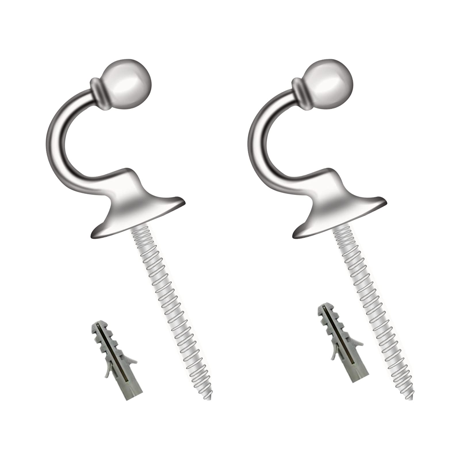 2 Pack Metal Curtain Hooks - Heavy Duty U Shaped Tieback Hooks for Shower, Window, Wall Mounted - Screw for Keys, Clothes, Coat Hanger