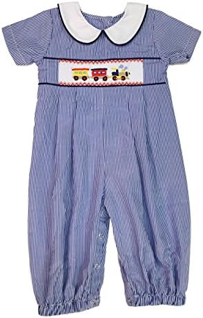 Blue and White Pinstripe Boys Longall with Train Smocking (4T)