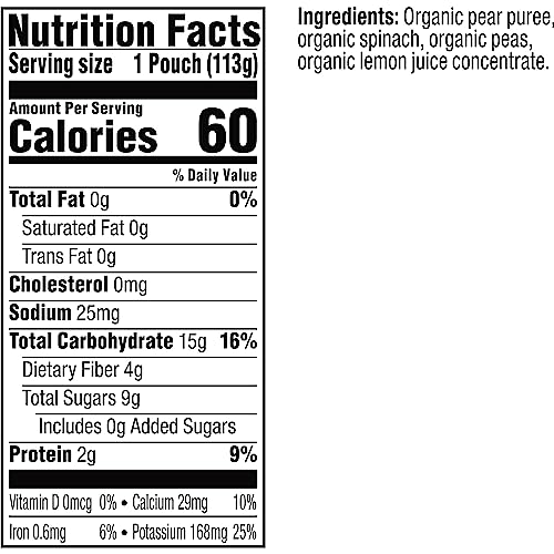 PLUM ORGANICS STAGE 2, ORGANIC BABY FOOD, PEAR, SPINACH, AND PEA, 4 OUNCE, NEW LOOK, PACKAGING MAY VARY.