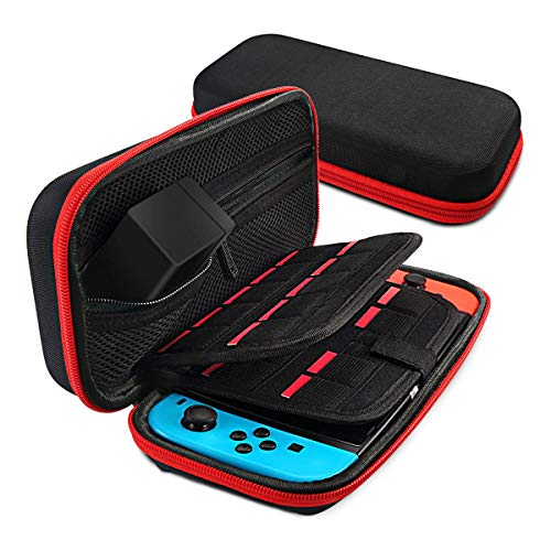 [Large Model] Carrying Case for Nintendo Switch,Leyeet 20 Game Cartridge Protective Hard Portable Travel Carry Case Fits AC Adapter Shell Pouch for Nintendo Switch Console & Accessory (Red Zipper)