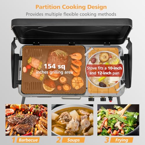 Giantex Portable Propane Grill & Camping Stove, 20,000 BTU Gas Camping Grill Burner, Independent Temperature Control, 3-Sided Wind Guard, Detachable Legs, for BBQ, Tailgating, Outdoor Cooking (Black)