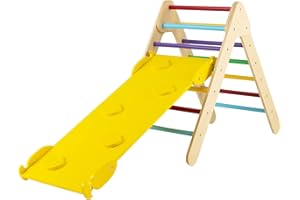 Costzon Wooden Climbing Toys for Toddlers, 3 in 1 Montessori Triangle Climber with Adjustable Angle’s Ramp for Climb & Slide, Multicolor Kids Boys Girls Indoor Climber Play Gym Structure Gift Set