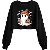 Halloween Crop Sweatshirt Women Ghost Long Sleeve Pullover Fall Shirt | Halloween Shirts for Women Women's Halloween Skull Graphic Cropped Sweatshirt Spooky Season Shirt