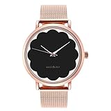 Olivia Womens Scalloped Rose Gold Watch Black Face Rose Metal Mesh Strap
