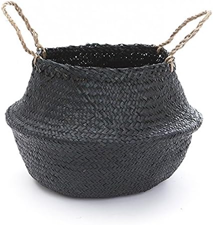 Sosibon Large Seagrass Belly Basket with Handles for Storage (Black)