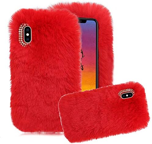 Aearl for Huawei Mate 20 Pro Case,Huawei Mate 20 Pro Rabbit Fur Case,Luxury Cute 3D Homemade Diamond Winter Warm Soft Furry Fluffy Fuzzy Bunny Ear Plush Phone Case Cover for Girls Women-Red