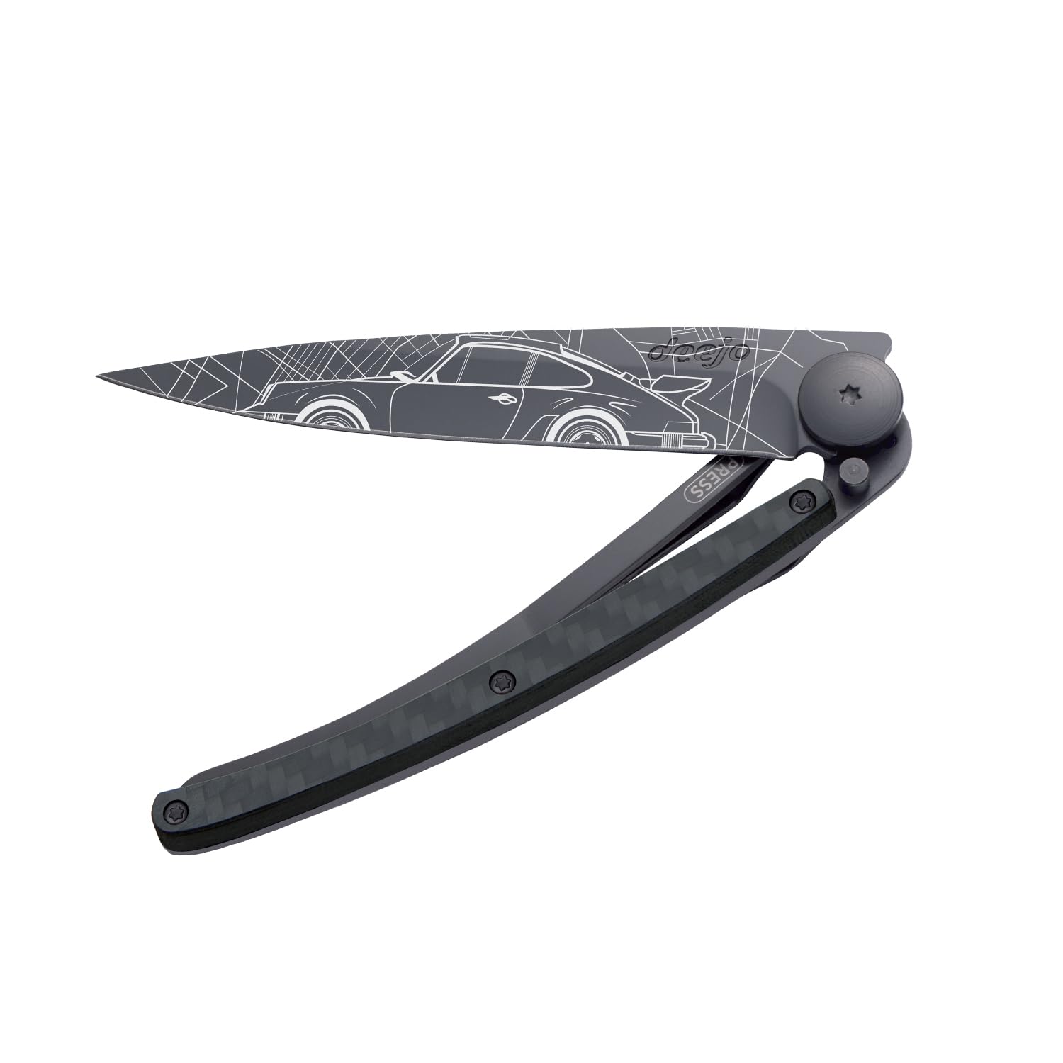 deejo – Klappbares Taschenmesser 27 g mit Gürtelclip – Griff aus Kohlefaser, Klinge aus Edelstahl Z40C13 – Motiv Young Timer – Tischmesser, Wandern, Camping, Biwak