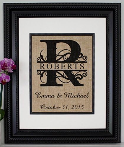 Wedding Anniversary Christmas Gift for Her Him Husband Wife Personalized Decor with Family Name and Date Established Customized on Burlap - Split Monogram