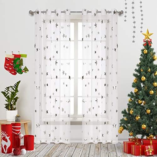 Sheer Curtains Transparent and Soft Cosmic Theme for Girl Room Silver Foil Star Print Window Treatment Perfect for Living Room Grommet Top 95 inch Length 1 Pair Silver and White