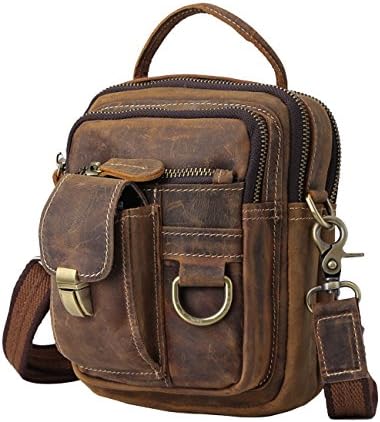 CUKKE Men's Genuine Leather Waist Pack Mobile Phone Bag Dark-Brown