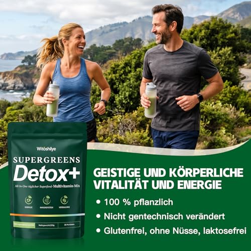 Green Detoxification Powder, Superfood Powder Helper, 200 g Green Powder Helper with Matcha, Blueberries, Barley Grass, Fibre Rich & Vegan, Natural Plant Powder for Nutrition & Everyday Life & Fibre
