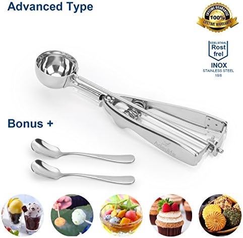 Anleolife 3-Tablespoon Stainless Scoop for Hard Ice Cream, Cookies Dough, Cupcake Batter, Bonus with 2 Spoons, LIFETIME Guarantee