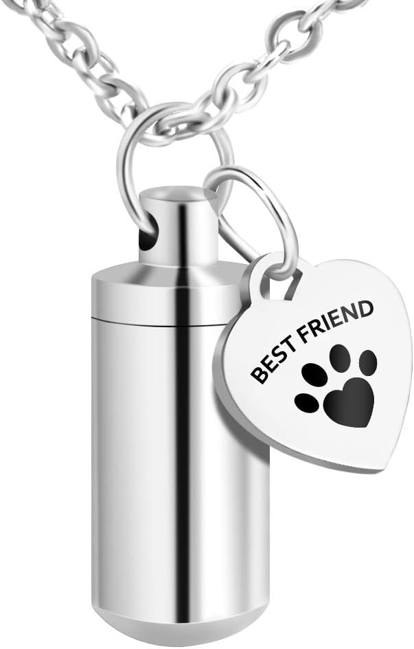 abooxiu Pet Paw Cremation Jewelry Cylinder Urn Necklace for Ashes Holder Stainless Steel Memorial Pendant Keepsake - Customize Available