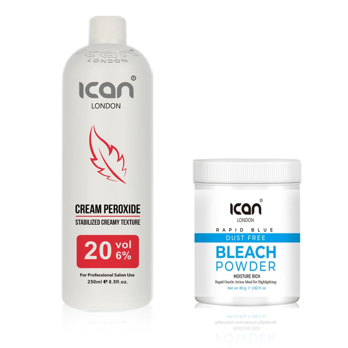 ICAN LONDON PROFESSIONAL CREAM PEROXIDE 20 VOL 6% 250 ML + RAPID BLUE POWDER BLEACH 80 G JAR SET