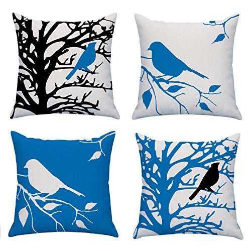 LAZAMYASA Square Cartoon Bird Printed Cushion Cover Cotton Throw Pillow Case Sham Slipover Pillowslip Pillowcase For Home Sofa Couch Chair Back Seat,4PCS,Blue,18x18in - Thumbnail 2