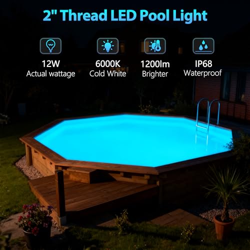 OSREE LED Pool Lights with 2 Inch Thread, 12 W Pool Lamps 6000 K Non-Dimmable, 1200 lm, Ø190 mm, 12 V AC/DC Resin Filled Spotlight for Prefabricated Pools Fiberglass Outside Ground Steel