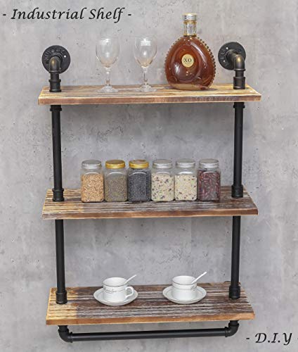 DOFURNILIM Industrial Retro Wall Mounted Iron Water Pipe Shelf - Hung Bracket - DIY Storage Shelving Bookshelf - Wood Shelf (24" Width Wall Bookcases) - Thumbnail 3