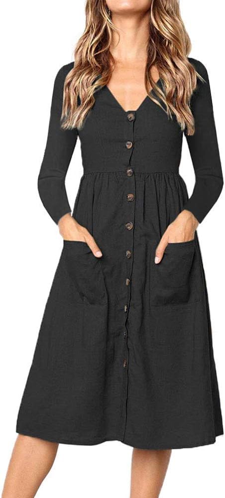 Summer Dresses for Women Casual Midi Dress Short Sleeve Shirt Dress V Neck Button Down Swing A Line Tunic Dress with Pockets
