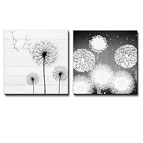 Silhouettes of Dandelions Over White Wooden Panels Along with an Illustration of Dandelions on a Black Starry Background - Canvas Art Home Art - 12x12 inches