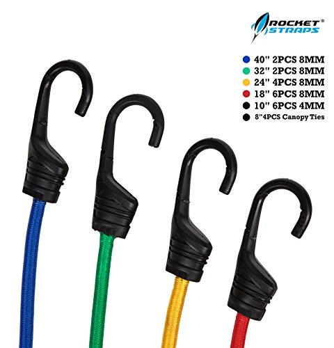 ROCKET STRAPS | 24PC Heavy Duty Bungee Cords With Hooks | Bungee Cord Set Includes | Tie Downs | Ball Bungees | Carrying Bag | 50/50 Latex & Rubber Bungee Cords For Extreme Strength