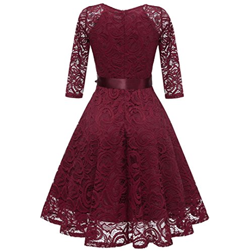Women Vintage Princess Floral Lace Cocktail V-Neck Party A-line Swing Dress Wine